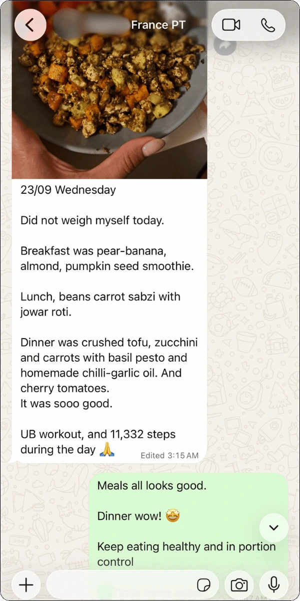 Indian fitness coach daily followups on WhatsApp